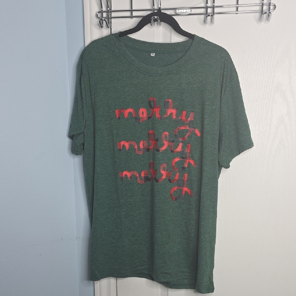 Green T-Shirt with Red/Plaid Merry Merry Merry Print NEW
